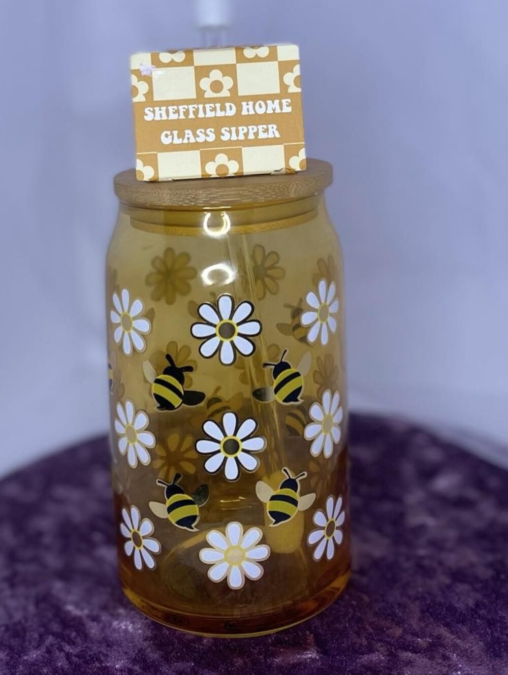 Sheffield Home Amber Daisy & Bee Glass Sipper